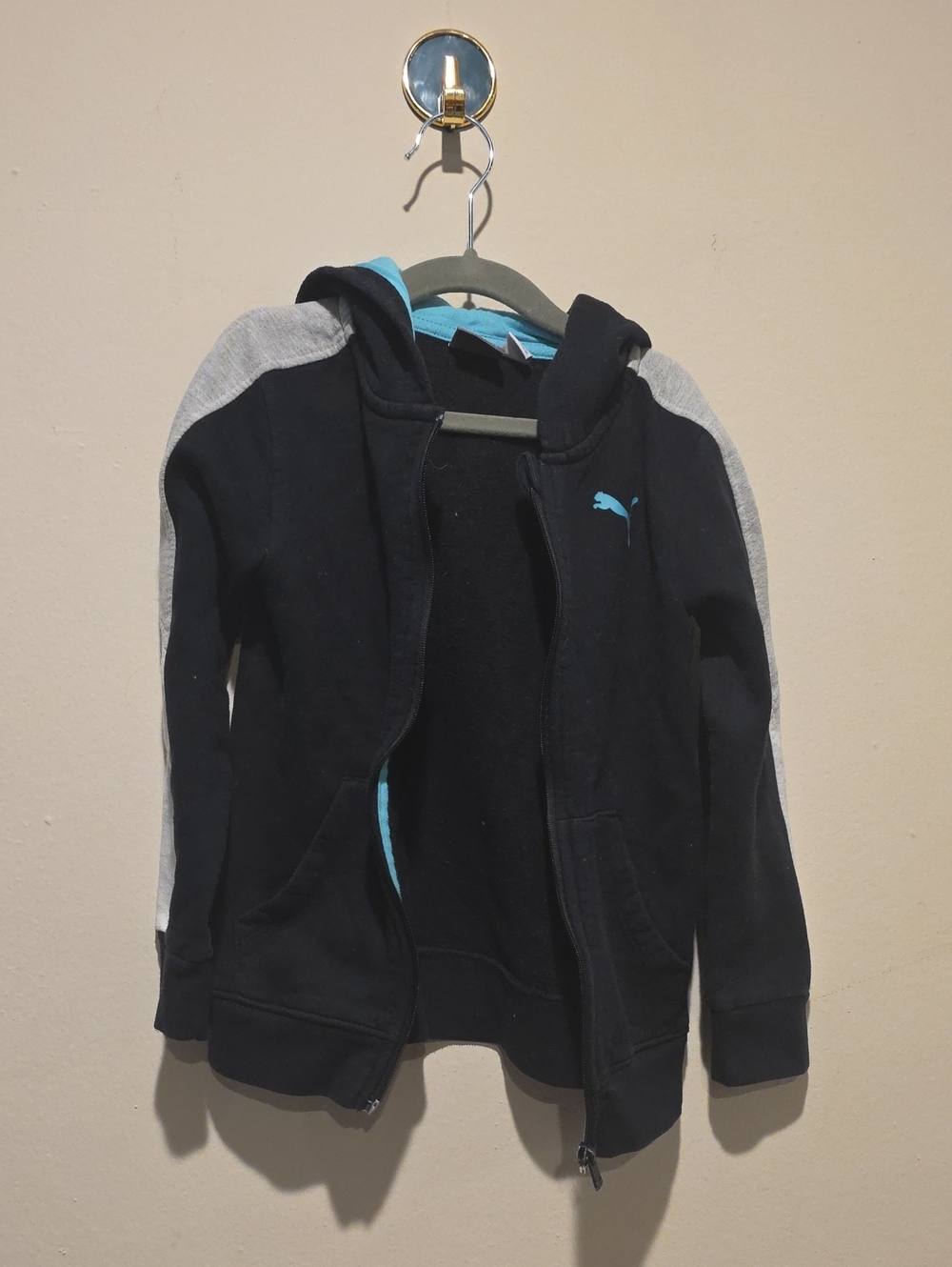 Puma Black Hoodie with Gray Sleeves and Blue Accents Size 6